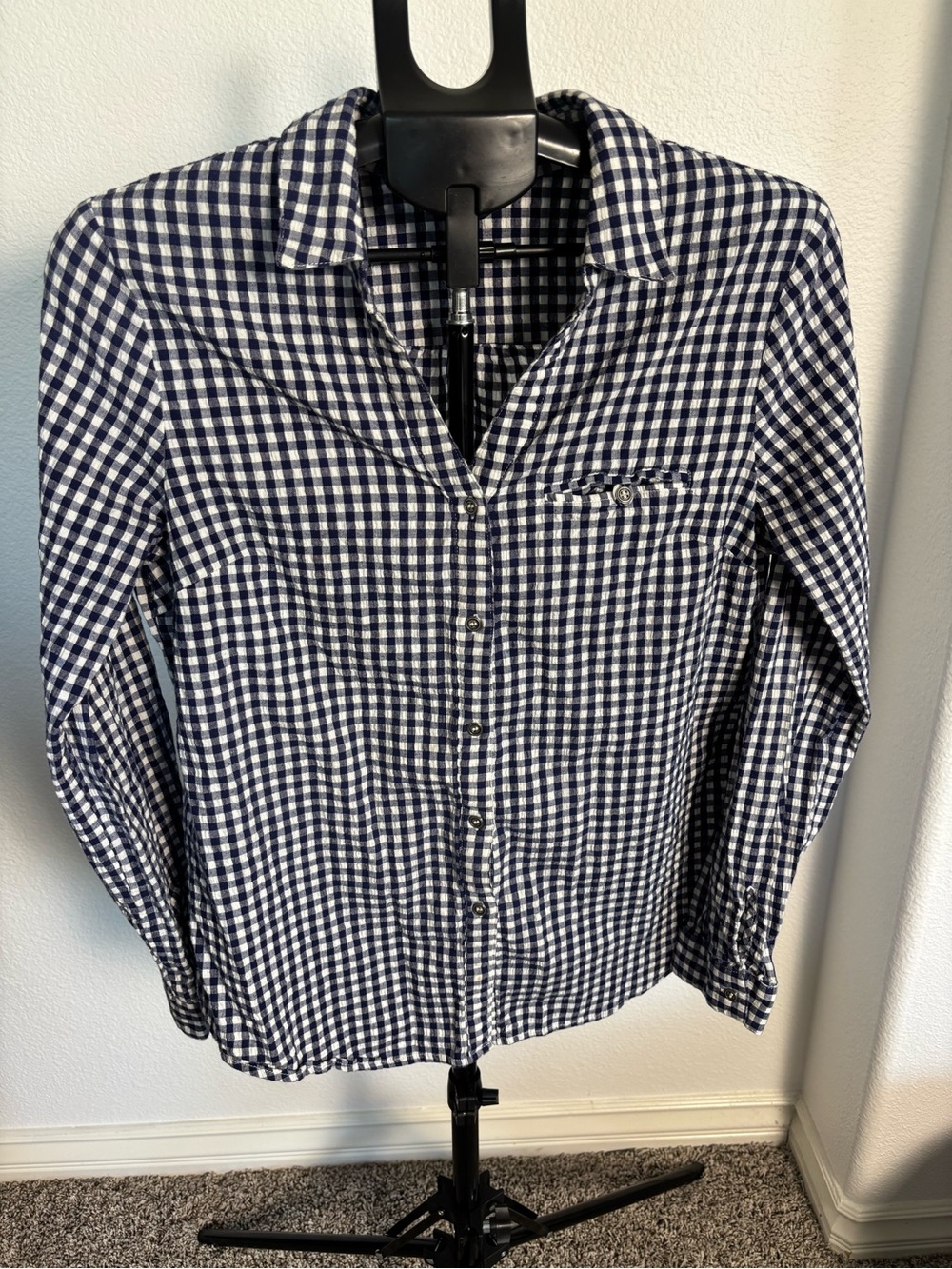 Kut from the Kloth Navy and White Gingham Button-Down Blouse